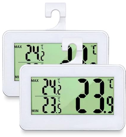 Fridge Thermometer with Large Backlit LCD, Freezer Thermometer Max/Min Record with Hanging Hook and Retractable Stand, Easy Battery Replacement for Kitchen, Basement, Wine Cellar