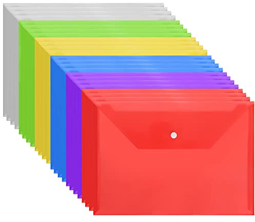 Belle Vous 24 Stk Dokumentenmappe A4 aus Durchsichtigem Kunststoff – Sammelmappe A4 in Verschiedenen Farben mit Druckknopfverschluss – Postmappe & Dokumententasche für Zuhause, Büro & Schule
