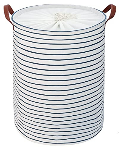 DOKEHOM 24 Freestanding Laundry Basket, Drawstring Hamper, Blue Stripe | X-Large collapsible pop-up hamper featuring carry handles. Foldable canvas storage bin for family & dorm organization