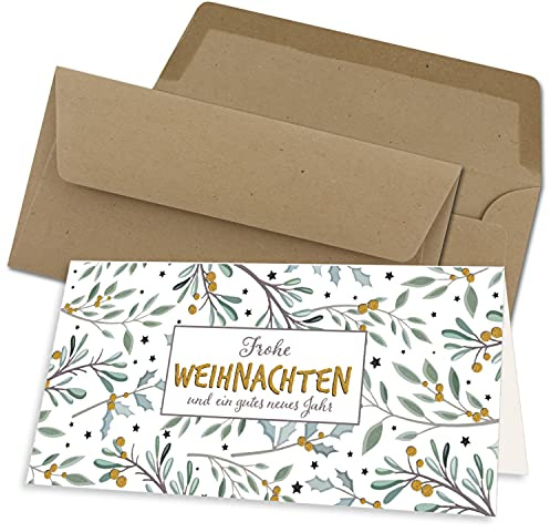 50x Weihnachtskarten-Set DIN Lang in Weiß mit Eukalyptus- und Mistelzweigen - Faltkarten mit Umschlägen DIN Lang Kraftpapier Sandbraun mit Nassklebung - Weihnachtsgrüße für Firmen und Privat