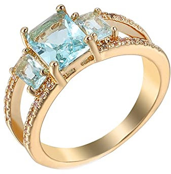Lieson Gold Ringe Frauen, Ringe Vergoldet Damen Vier Klauen Elegant Freundschaftsringe Frauen Rechteck Hellblau Zirkonia Ring Größe 54 (17.2)