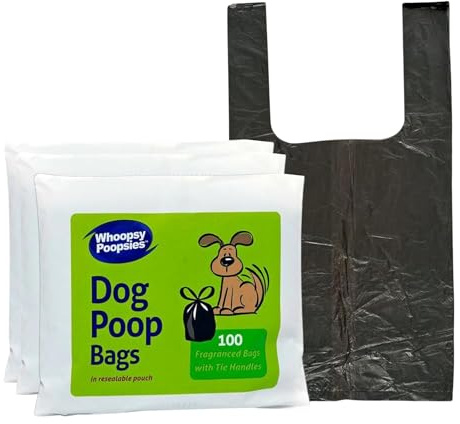 Kordis 300 Whoopsy Poopsies Dog Poop Bags - 3 Packs of 100 Large Tie Handle Dog Poo Bags, 50% Recycled Plastic, Leak Resistant & Scented Black Pet Waste Bags, 30cm x 37cm