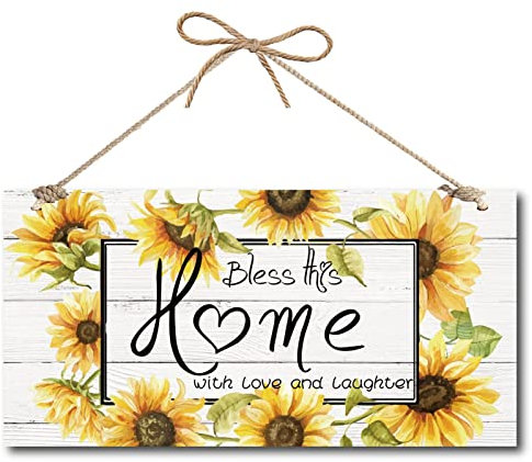 CREATCABIN Benedica Questa Casa con Amore e Risate Cartello per Porta Legno Girasole Versetto Cartello da Appendere per Interni Casa Cortile Portico Cucina Giardino Decorazione Regalo 12 x 6 Pollice