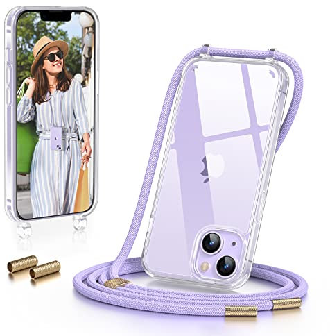 GOODVISH Handykette iPhone 14 Hülle mit Band Necklace iPhone 13 Hülle mit Kette Handyhülle für zum Umhängen, Transparent Case mit Kette, Kameraschutz und Bildschirmschutz, Violett