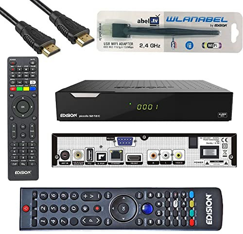 Edison Piccollo S2+T2/C Full HD Satelliten-Kabel-Receiver FTA HDTV DVB-S2/C/T2 (HDMI, AV, USB 2.0,Display,CA,CI,LAN) inkl. Wlanabel u. 2ter Fav Fernbedienung u. HDMI Kabel