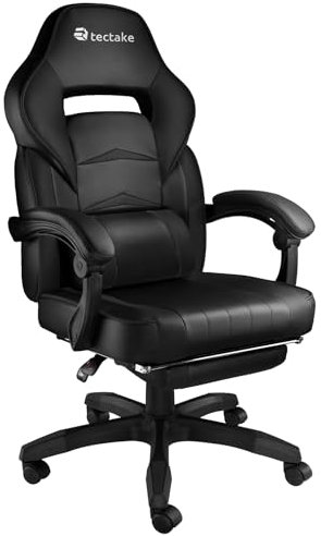 tectake® Bürostuhl ergonomisch, Chefsessel mit Lendenkissen, Drehstuhl mit Rollen und Fußstütze, Schreibtischstuhl mit Armlehnen & verstellbare Rückenlehne, PC Stuhl, Gaming Stuhl - schwarz/schwarz