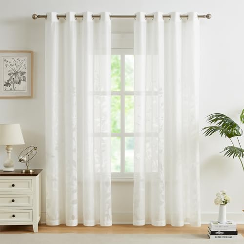 Treatmentex Durchsichtig Spitze Vorhang Jacquard Gardinen mit Ösen Blättermuster Halbtransparente Vorhänge Vintage Dekoschal Ösenvorhänge für Schlafzimmer Wohnzimmer, Weiß, 2 Stücke,140×225CM(B×H)