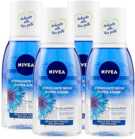 Nivea Doppelte Augen Make-up-Entferner mit gereinigtem Wasser und Kornblumenextrakten, wasserfest, 4 Flaschen à 125 ml