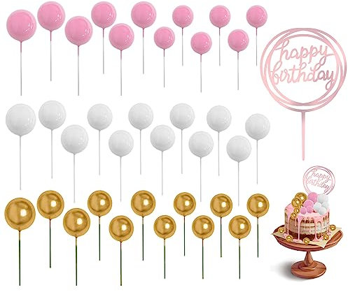 36 bolas de decoración para tartas y 1 decoración de cumpleaños, bolas de espuma de perlas para decoración de tartas, fiestas de cumpleaños (rosa dorado y blanco)
