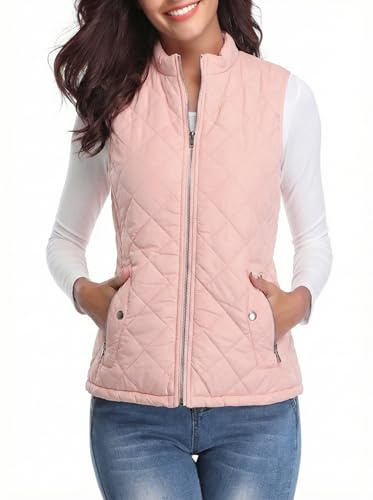 Fuinloth Women's Quilted Vest, Stand Collar Lightweight Zip Padded Gilet Light Pink L