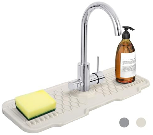 Minicoco Silicone Sink Faucet Mat Kitchen Sink Splash Guard Faucet Handle Drip Catcher Tray Faucet Draining Pad for Kitchen Sink Catcher Mat for Kitchen & Bathroom Countertop Protect,(Off White)