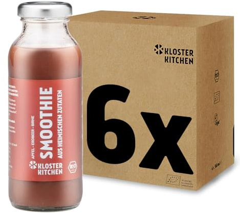 Kloster Kitchen Bio Smoothie Rot Apfel Birne Erdbeer 6x 250 ml I Superfood Frühstück vegan I To Go Glasflasche I Powerfood aus heimischen Zutaten