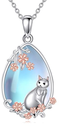 YAFEINI Collier Avec Pierre de Lune en Argent Sterling Avec Pendentif Renard/Axolotl/Chat/Chien/Panda/Vache Bijoux Cadeaux pour Femmes et Filles (Chat)