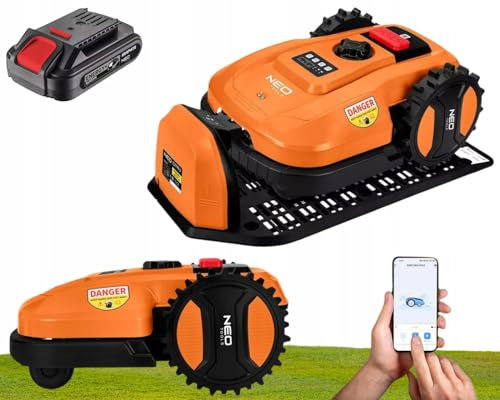 NEO TOOLS Tondeuse robot avec batterie interchangeable (batterie 2 Ah incluse) pour jardins jusqu'à 600 m² - Contrôle application smartphone, station de charge, câble limite 100 m, 18 V, moteur sans