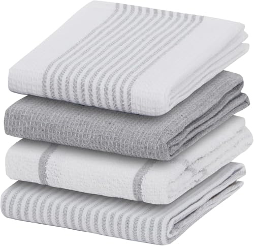 Goldstar Pack of 4 Tea Towels Silver White Kitchen Terry Tea Towel Cotton Blend Super Absorbent and Quick Dry Dish Cloth
