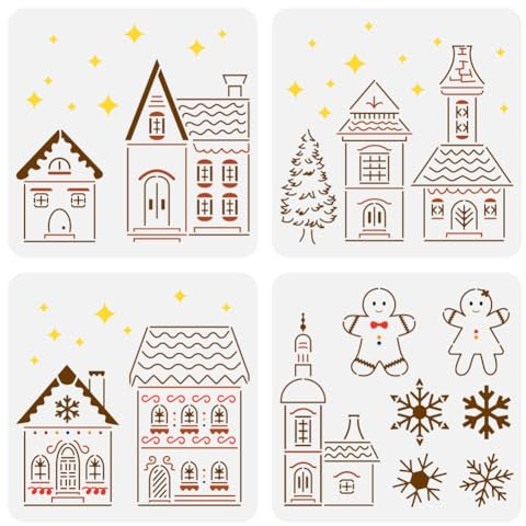 FINGERINSPIRE 4 Stück Zeichenschablone Frohe Weihnachten 30x30cm Weihnachtsbaum Malvorlage Lebkuchenhäuser Kekse Schneeflocken Stern Schablone Zum Malen Auf Holz Wänden Stoffen Und Möbeln