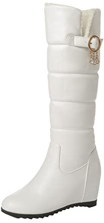 Damen-Stiefel, einfarbig, Leder, Gürtelschnalle, Baumwolle, Plüsch, Keilabsatz, dicke Sohle, lange Stiefel, wadenhoch, weiß, 38 EU