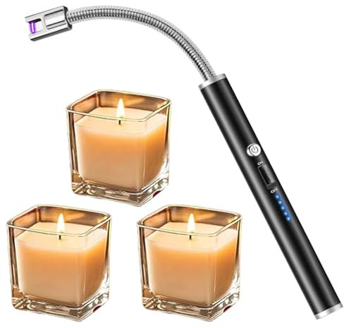 Accendino elettrico color argento, antivento, ricaricabile, senza fiamma, con collo flessibile a 360°, per cucina, campeggio, barbecue e fuochi d'artificio (nero)