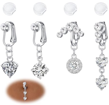AVYRING 4 Pezzi Gioielli per Piercing Ombelico Finto, Clip Argentati per Donne, Anelli per Ombelico in Acciaio Chirurgico 316L, con Cuore e Farfalla