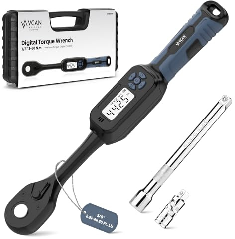 Digital Torque Wrench, 3/8 ± 2% Accuracy, 3/8 Torque Wrench with LED Flash Flash Mode/Universal Gasket and 6 Xtension Bar for