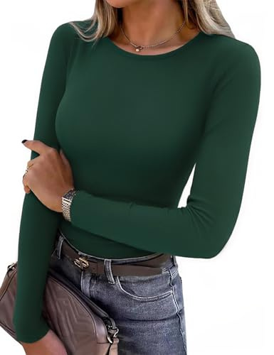 Aottori Women Long Sleeve Tops Crew Neck Shirts Ribbed Basic Tee | Stretchy Fitted Top, Soft Round Neck T Shirt, Solid Color Base Layer, Fall Outfits Casual T-Shirts, Business Work Daily Wear