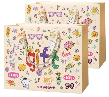 FOSDICK Sacchetti di Carta con Manici, 2 PCS Sacchetti Regalo Medie, 25x20x12cm Sacchetto Regalo Compleanno, Gift Bag per Donne Ragazze Damigella Donore Compleanno Matrimonio
