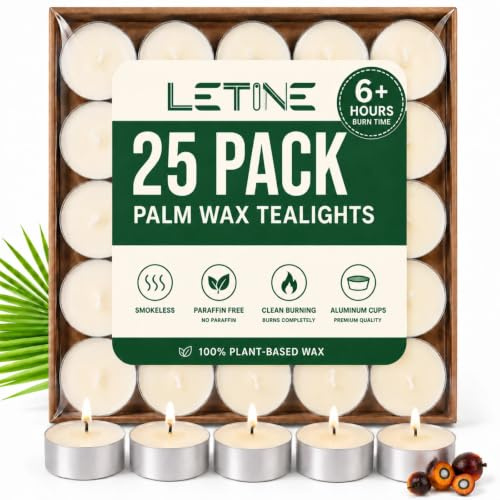 LETINE Lot de 25 bougies chauffe-plat | Bougies chauffe-plat de 6 heures, sans paraffine, petites bougies sans parfum blanches, bougies chauffe-plat à longue durée pour mariage, fête, Halloween et