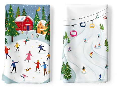 Arquiel Ski Geschirrtücher 2 Stück, Küchentücher Dekorative 100% Baumwolle Trockentücher Saugstarke Geschenk für den Urlaub Einweihungsfeier Winter Weihnachten 48 cm x 70 cm