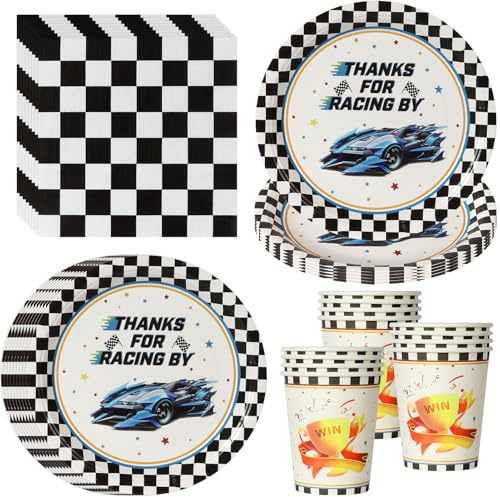 PYAILI 52 Stück Rennwagen Partygeschirr Set für 16 Gäste | Racing Car Partygeschirr, Pappteller Becher Servietten, Rennsport-Deko für Jungen Kindergeburtstag