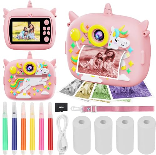 Sofortbildkamera, 2,4 Zoll (6,1 cm), Sofortbildkamera, für Kinder, Karte 32 G/4 Papierrollen/6 farbige Stifte, 1080P, für Kinder von 3 – 12 Jahren – Selfie/Foto (Rosa)