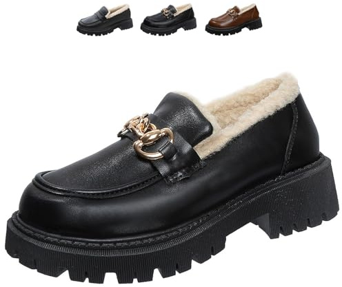 Mocasines de piel con forro de lana gruesa para mujer, sin cordones, plataforma gruesa, mocasines suaves y cálidos, zapatos de vestir de negocios, Negro A., 40 EU