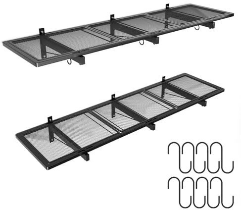 2 Pack Garage Wall Shelving,46X 12.5 Garage Shelving Wall Mounted,Heavy Duty Garage Storage Rack with 8 Hooks,320 LBS Capacity,Black Metal Floating Organizer Shelves for Laundry,Warehouse (2)