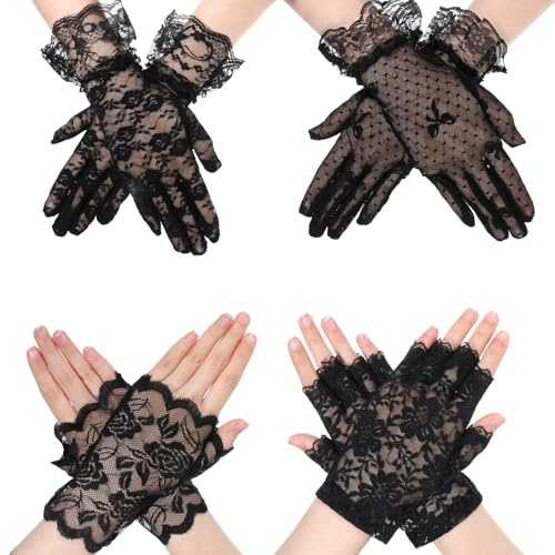 Trinkrittey Spitzen Handschuhe, 4 Paar Damen Spitze Fingerlose Handschuhe Kurze Spitzenhandschuhe mit Schleife Abschlussball Teeparty Kostüm Zubehör