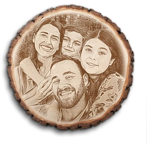 Personalisierte Baumscheibe mit Fotogravur, Größen wählbar, Ihr eigenes Bild in Holz eingebrannt, massives Fotogeschenk aus 2,5cm dicken Erlenholz mit Rinde, Standfüße optional