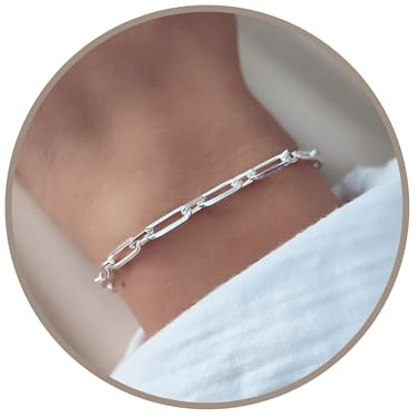 Annika Bella 925 Sterling Silver Paperclip Bracelet for Women – Trendy Lightweight Rectangular Link Chain – Dainty Polished Flat Geometry Link Bracelet Gift for Her