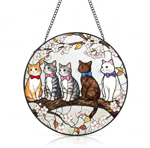Buntglas Sonnenfänger Fenster, Katzen Fensterschmuck Hängend, Glas Fensterdeko Hängend, Suncatcher für Wohnzimmer, Balkon Deko, Gartendeko für Draußen Wetterfest, 20x20cm
