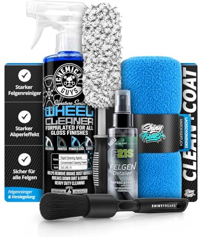 Shiny Freaks Felgenreiniger Set: Chemical Guys Signature Series Wheel Cleaner 473ml + P21S Detailer 100ml + Felgenbürste + Pinsel + Mikrofasertuch | für gründliche Felgenpflege | 5-teilig