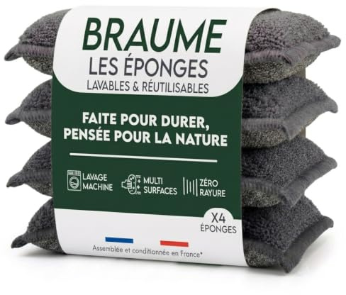 BRAUME - Lot de 4 Éponges Lavables Réutilisables - Ne Rayent Pas - Ultra Efficaces - Séchage Rapide - Alternative Durable aux Éponges Classiques (Pack Gris)