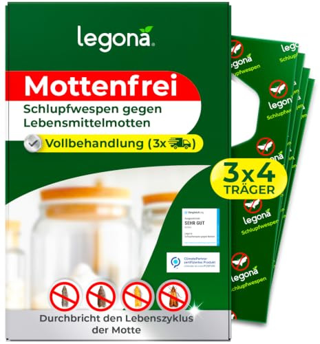 Legona Schlupfwespen gegen Lebensmittelmotten, 4 Träger, 3 Lieferungen | 9 Wochen Komplettkur gegen Motten in Küche, Vorratsschrank, Speisekammer und Lebensmittel