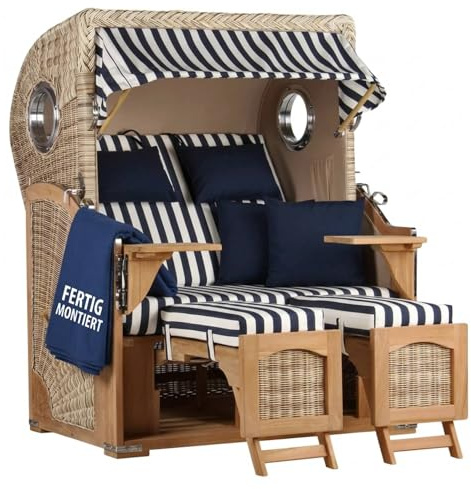 Strandkorb Teakholz Volllieger Strandstuhl Liegestuhl PE Geflecht Shell Düne TEAK Bullauge inkl. 4 Kissen+Wechselpolster - Strandkörbe aus Teak für Garten, Wintergarten und Terrassen (Dessin 518)