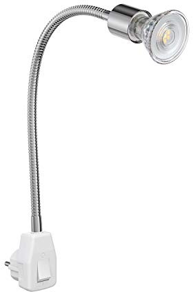 ledscom.de Steckdosenlampe LESCH Leselampe Schwanenhals, Schalter, Chrom inkl. GU10 LED Lampe 504lm 44° weiß