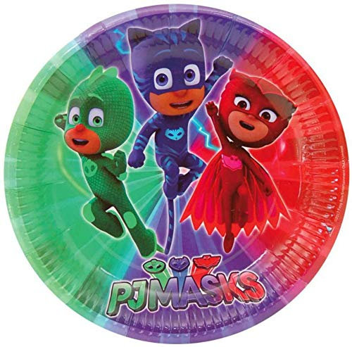 CAPRILO. Lote de 24 Platos Infantiles Decorativos Pj Masks Redondos Ø 23 cm. Vajillas. Juguetes y Regalos Baratos para Fiestas de Cumpleaños, Bodas, Bautizos, Comuniones.