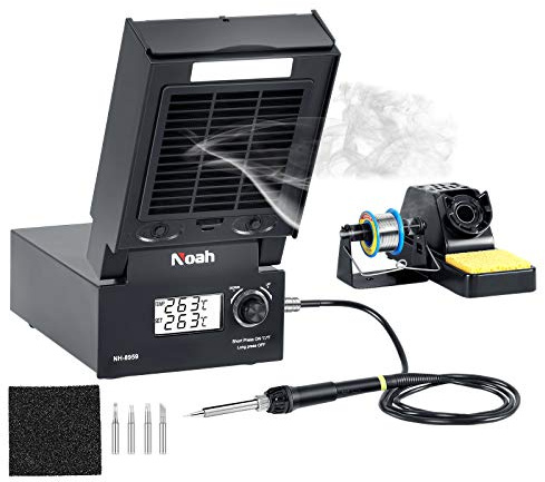Soldering Iron Station with Fume Extractor, 80W Soldering Station, 60W Soldering Iron, Smoke Absorber, Solder Wire, LED Lighting, Fast Heating, Auto Sleep Soldering Station, LCD Digital Display