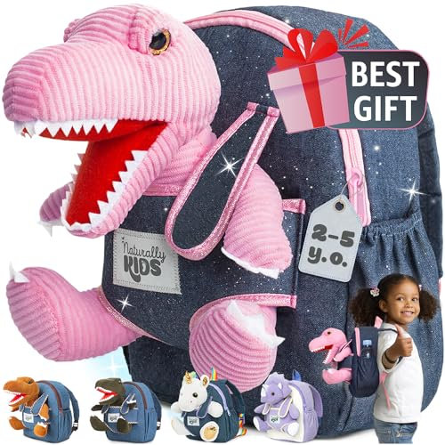 Naturally KIDS Zaino Piccolo con Dinosauro Rosa di Peluche per bimbo bimba di 3 4 5 anni - Zainetto con tasche Asilo Bambino - T rex Dinosauro Giocattolo - Regalo Bambina 5 - Dinosauri per Bambini