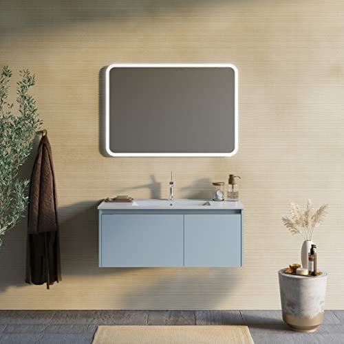 Kiamami Valentina - Mobile bagno 100cm blu celeste opaco, lavabo in ceramica, specchio | Monaco