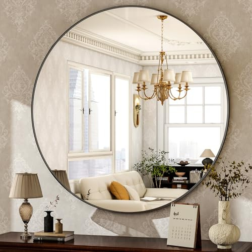 HARRITPURE 90cm runder Wandspiegel, aus gehärtetem Glas, geeignet für Wohnzimmer, Schlafzimmer, Badezimmer, Schwarz