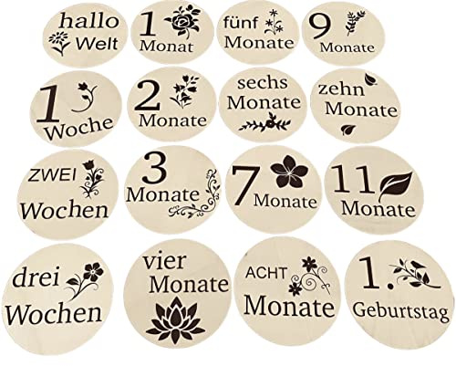 Holz Meilensteine Baby auf deutsch - 16 Meilensteine auf Holzscheiben als Geschenk zur Geburt/Babyparty für Schwangere werdene Väter werdene Mütter/Eltern