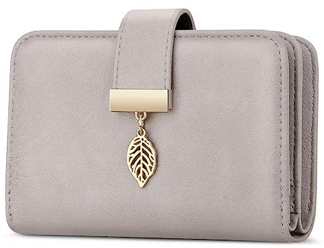 Faneam Geldbörse Damen aus Leder, Portemonnaie Damen Kleine, Geldbeutel mit RFID-Schutz, 14 Kartenfächer, Reißverschluss Münzfach und Tragekette (Hellgrau)