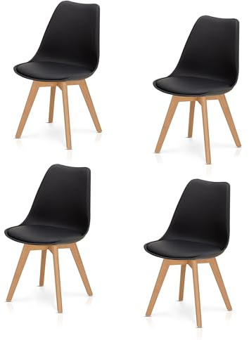 KHG 4er-Set Esszimmerstühle Polsterstuhl Skandi Look, LED, 150 kg, bis 150 | Stuhlbeine Massivholz Buche, Kunststoff Sitzschale, gepolstertes Kunstleder-Sitzkissen, modern & pflegeleicht, schwarz