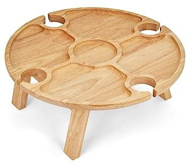 Livoo – plateau apéritif MES150 – hévéa, ∅ 35 x 14 cm, 4 encoches pour verre, pieds pliables, Beige